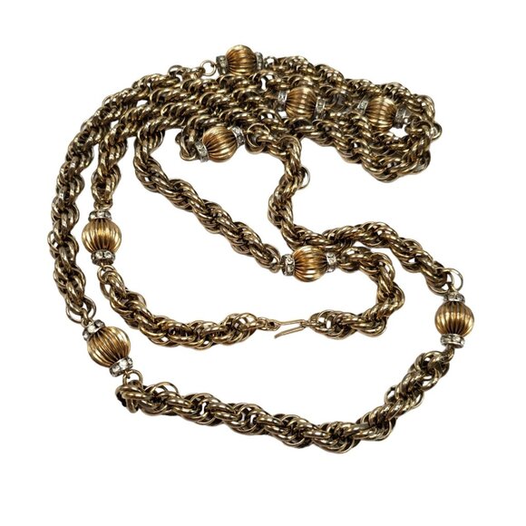 Vtg Signed Eisenberg Gold Tone Necklace Twist Chain Rhinestone Beads 50" Chunky - Picture 8 of 11